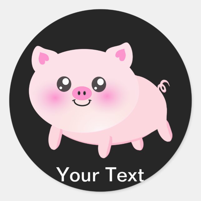 Cute Pink Pig on Black Classic Round Sticker (Front)