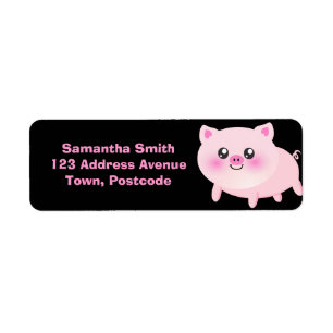 Cute Pink Pig on Black Return Address Label