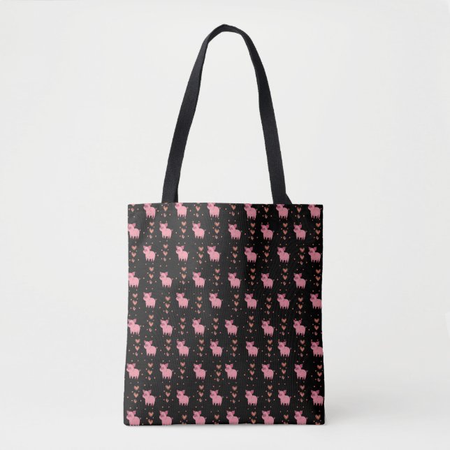 Cute Pink Pig Piggy and Hearts Farm Animal Pattern Tote Bag (Front)