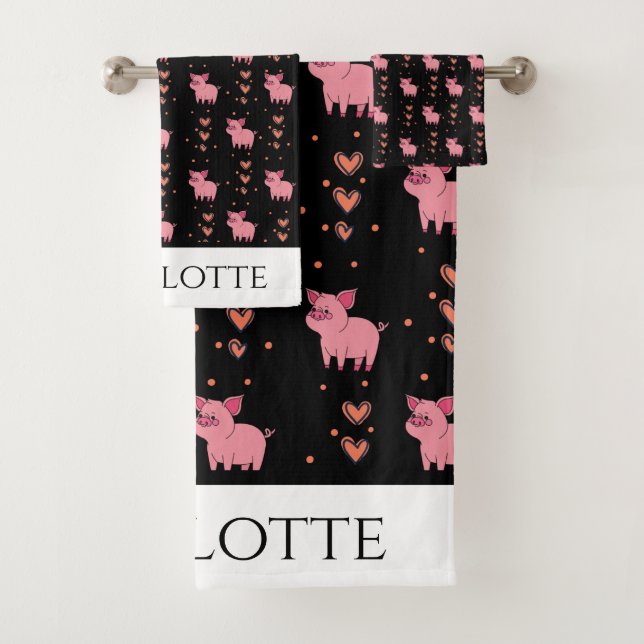 Cute Pink Pig Piggy Hearts Pattern Love Animals Ha Bath Towel Set (Insitu)