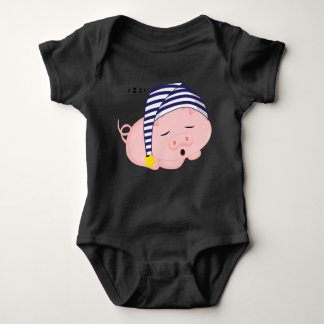 Cute Pink Pig Sleeping in Nightcap Baby Bodysuit