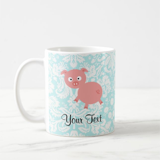 Cute Pink Pig; Teal Damask Coffee Mug (Left)