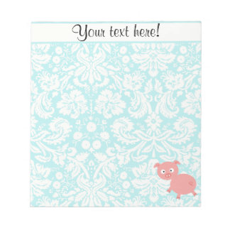 Cute Pink Pig; Teal Damask Notepad