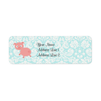 Cute Pink Pig; Teal Damask Return Address Label