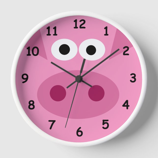 Cute pink pig wall clock for children's bedroom (Front)