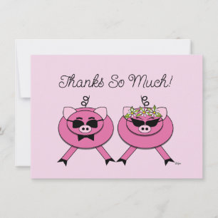 Cute Pink Pig Wedding Couple Back Photo Thank You Card
