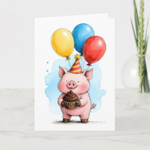 Cute Pink Pig with Cupcake Kid's Happy Birthday Card