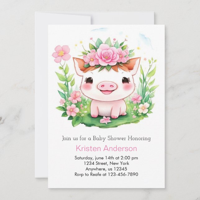 Cute Pink Piglet Adventure Girl Baby Shower Invitation (Front)