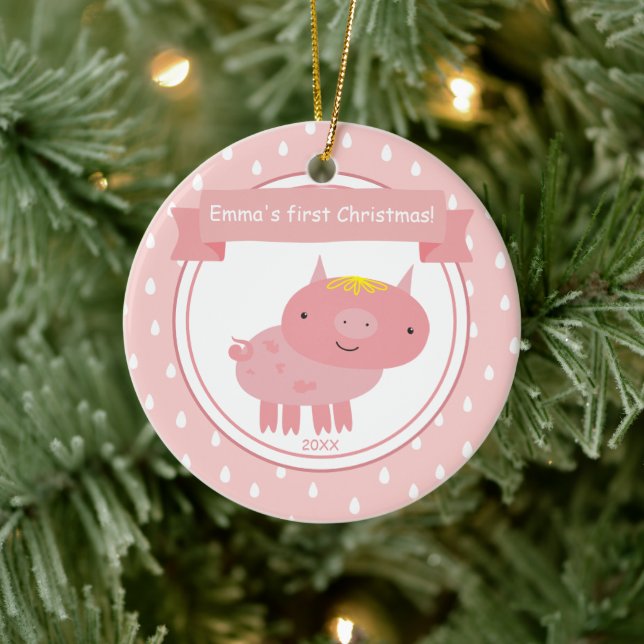 Cute Pink Piglet - Baby's First Christmas Ceramic Ornament (Tree)