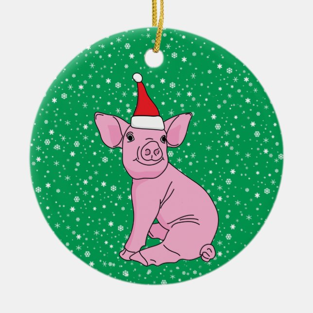 Cute Pink Piglet in Santa Hat Christmas Ceramic Ornament (Front)