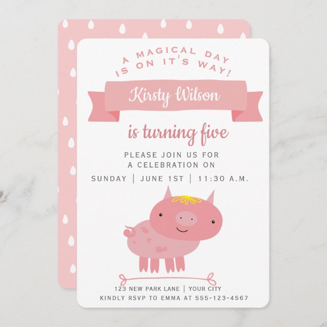 Cute Pink Piglet | Kids Birthday Party Invitation (Front/Back)