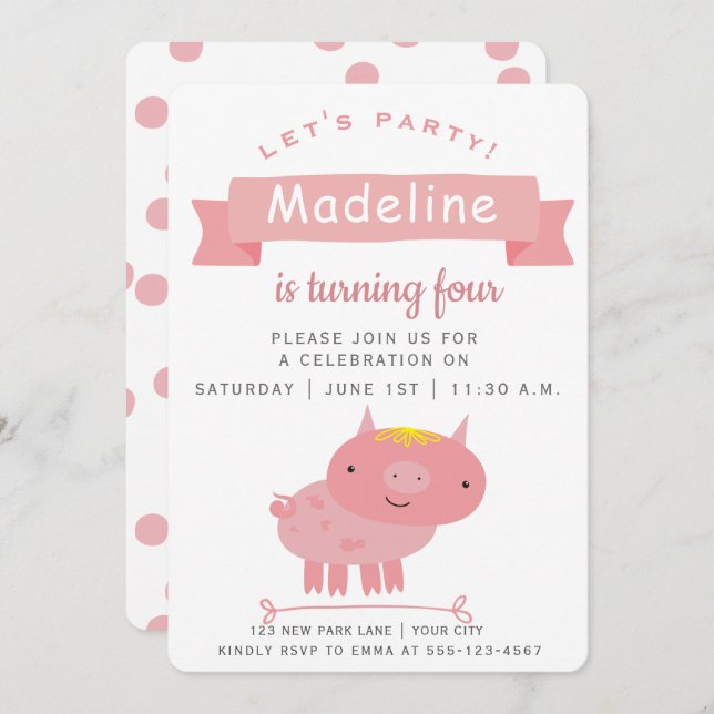 Cute Pink Piglet | Kids Birthday Party Invitation (Front/Back)