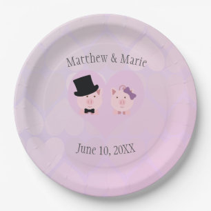 Cute Pink Pigs in Love Heart Pattern Background Paper Plate