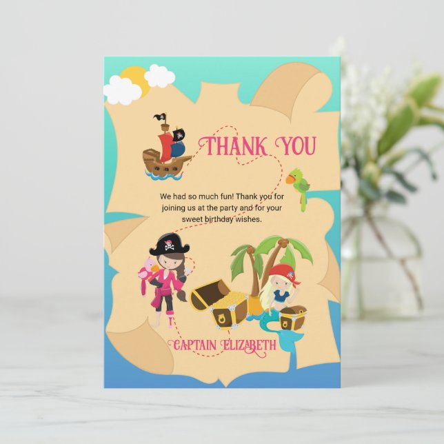 Cute Pink Pirate Girl Mermaid Personalised Thank You Card (Standing Front)