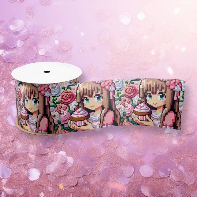 Cute Pink Pixel Art Girl's Birthday Cupcake Satin Ribbon (Creator Uploaded)
