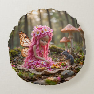 Cute Pink Pixie and Mouse Picnic Round Cushion