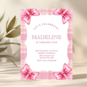 Cute Pink Plaid & Bow Coquette Girl Birthday Invitation