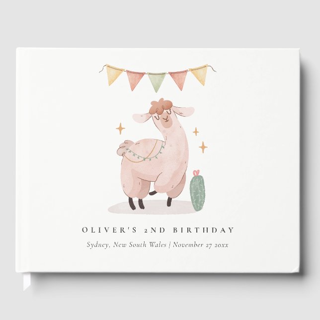 Cute Pink Plaid Cactus Boho Llama Any Age Birthday Guest Book (Front)