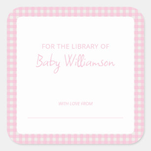Cute Pink Plaid Gingham Baby Shower Bookplate Square Sticker