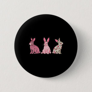 Cute Pink Plaid Leopard Flower Happy Easter Bunny 6 Cm Round Badge