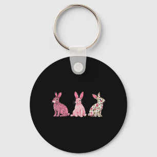 Cute Pink Plaid Leopard Flower Happy Easter Bunny  Key Ring