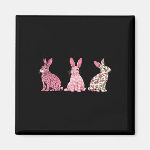 Cute Pink Plaid Leopard Flower Happy Easter Bunny Magnet