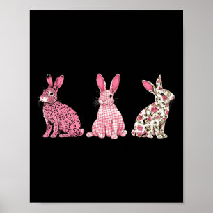 Cute Pink Plaid Leopard Flower Happy Easter Bunny Poster