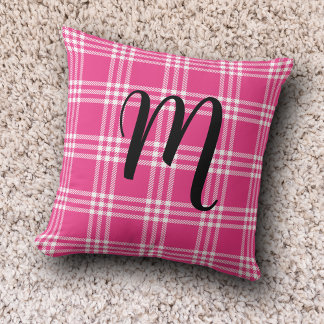 Cute Pink Plaid Monogram Initials Tartan Cushion