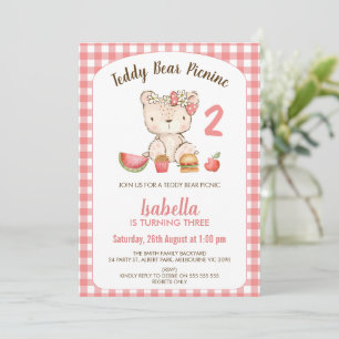 Cute Pink Plaid Teddy Bear Picnic Birthday Invitation