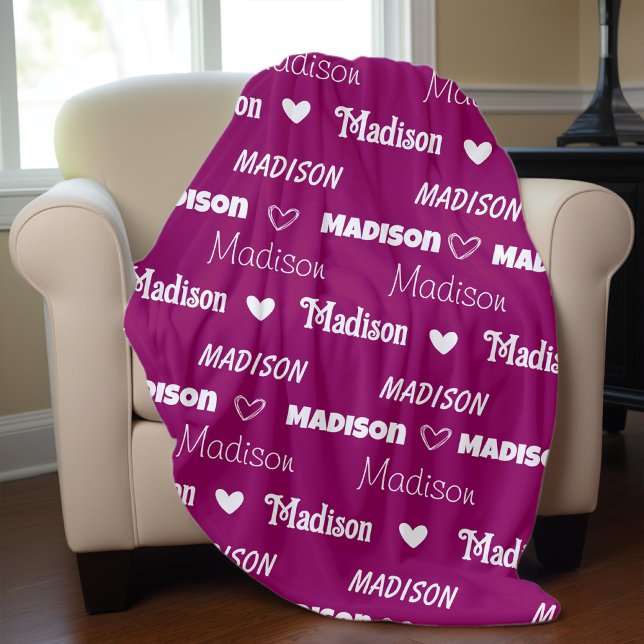 Cute pink plum repeating name personalised girly fleece blanket (Creator Uploaded)