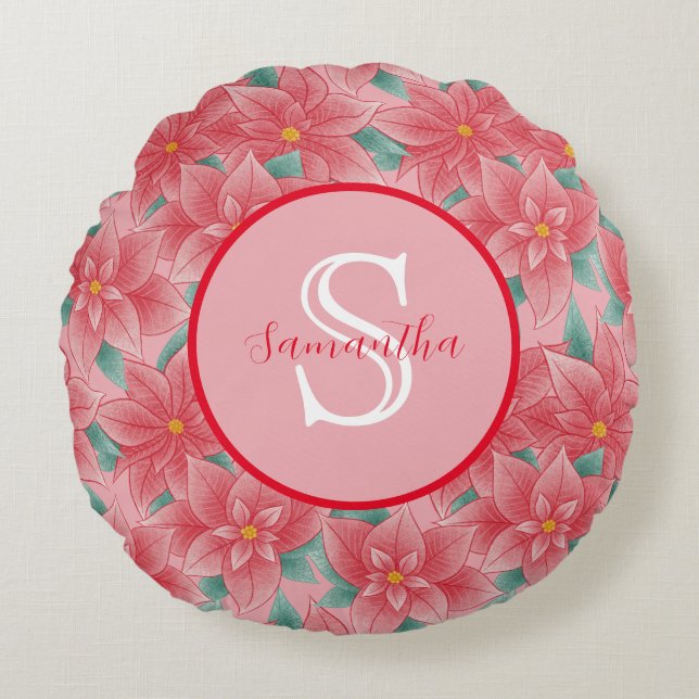 Cute Pink Poinsettia Personalised Monogram Round Cushion (Front)