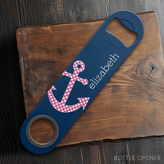 Cute Pink Polka Dot Anchor with Navy Custom Name (Custom Bar Key)
