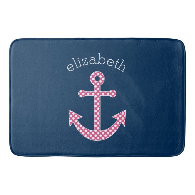 Cute Pink Polka Dot Anchor with Navy Custom Name Bath Mat (Front)