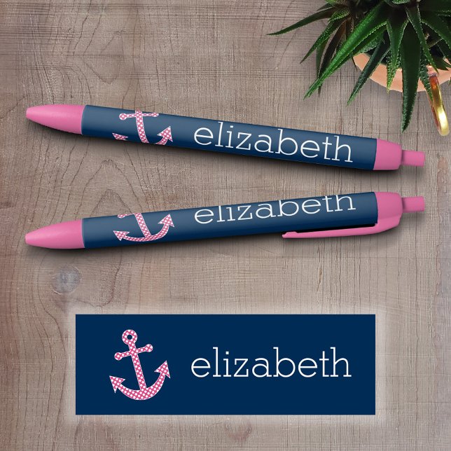 Cute Pink Polka Dot Anchor with Navy Custom Name Black Ink Pen (Custom Pen - Personalize this writing pen with your name, monogram or other text)