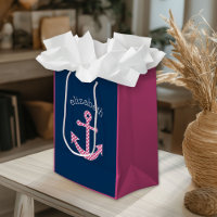 Cute Pink Polka Dot Anchor with Navy Custom Name