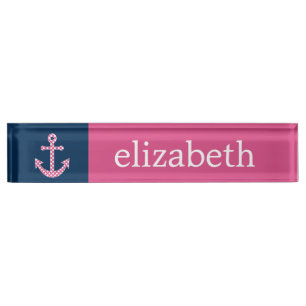 Cute Pink Polka Dot Anchor with Navy Custom Name Nameplate