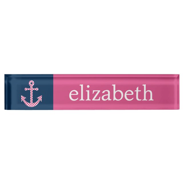 Cute Pink Polka Dot Anchor with Navy Custom Name Nameplate (Front)