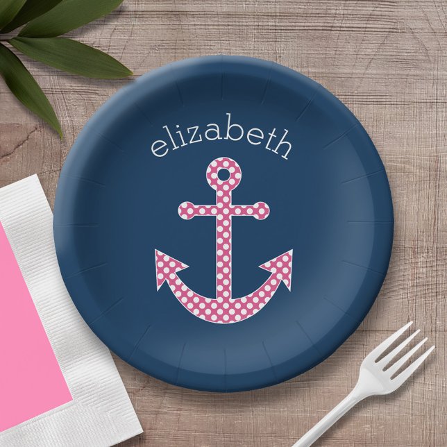 Cute Pink Polka Dot Anchor with Navy Custom Name Paper Plate (Personalized party plate with custom name)