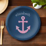 Cute Pink Polka Dot Anchor with Navy Custom Name Paper Plate<br><div class="desc">A trendy and elegant design with dots and preppy colours plus an area to add your name or monogram.</div>