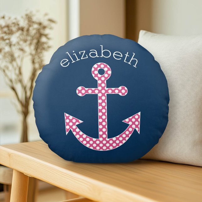 Cute Pink Polka Dot Anchor with Navy Custom Name Round Cushion (Custom Monogram Pillow)