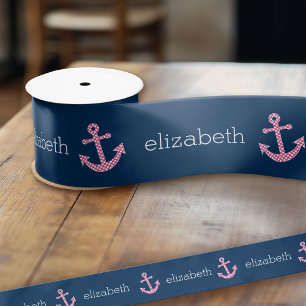 Cute Pink Polka Dot Anchor with Navy Custom Name Satin Ribbon