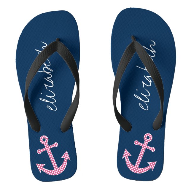 Cute Pink Polka Dot Anchor with Navy Custom Name Thongs (Footbed)