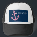 Cute Pink Polka Dot Anchor with Navy Custom Name Trucker Hat<br><div class="desc">A trendy and elegant design with dots and preppy colours plus an area to add your name or monogram.</div>