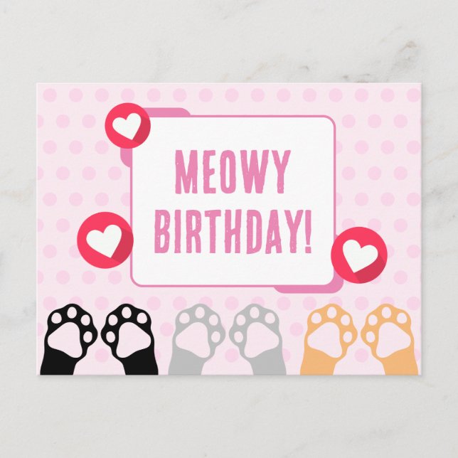 Cute Pink Polka Dot Cat Paws Up Happy Birthday Postcard (Front)