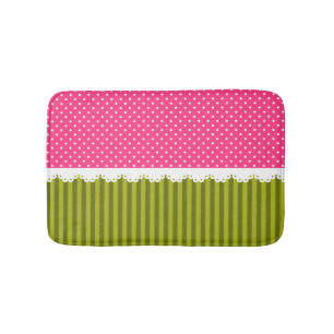 Cute Pink Polka Dot Green Stripes Pattern Bath Mat