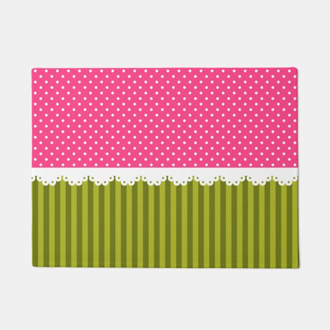 Cute Pink Polka Dot Green Stripes Pattern Doormat (Front)