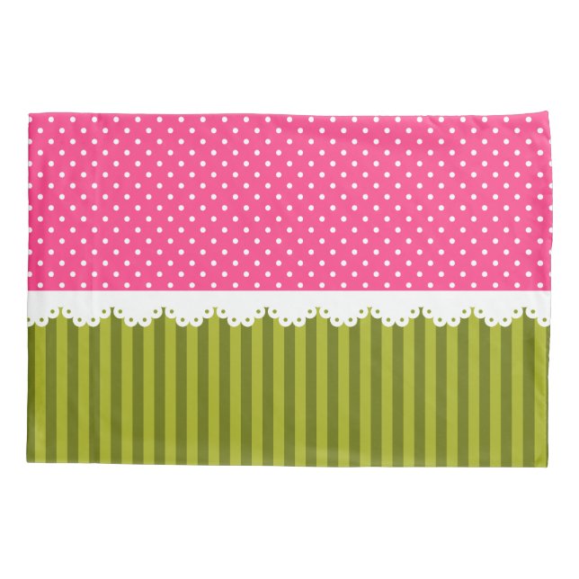 Cute Pink Polka Dot Green Stripes Pattern Pillowcase (Back)