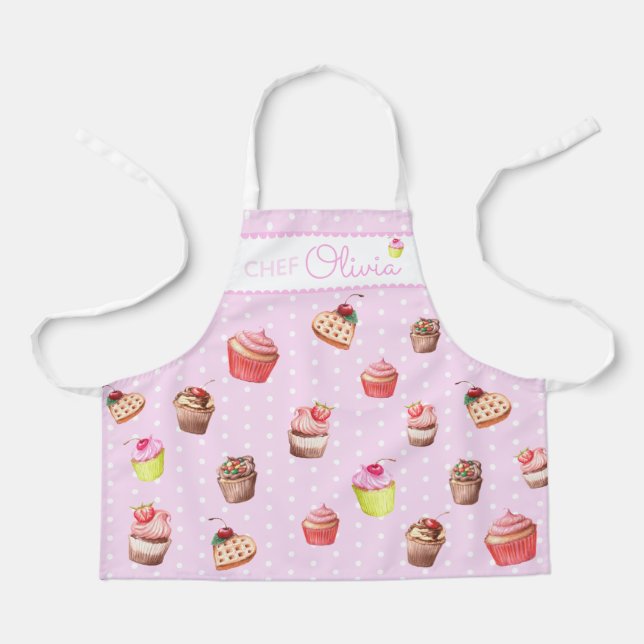 Cute Pink Polka Dot Personalised Chef Cupcake   Apron (Front)