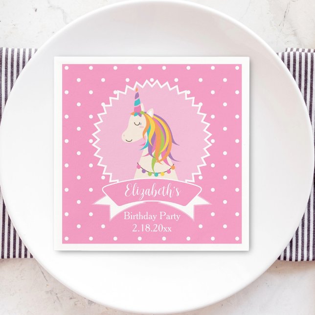 Cute Pink Polka Dots Magical Unicorn Girl Birthday Napkin (Creator Uploaded)