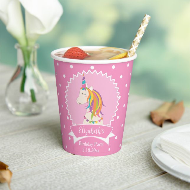 Cute Pink Polka Dots Magical Unicorn Girl Birthday Paper Cups (Insitu)